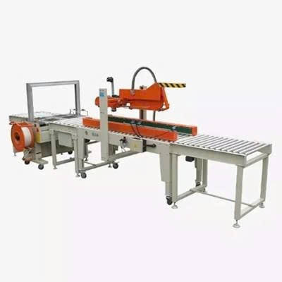 Thiết bị đóng gói tự động gập và dán kín nắp thùng carton, sử dụng dây đai nhựa XFK-2