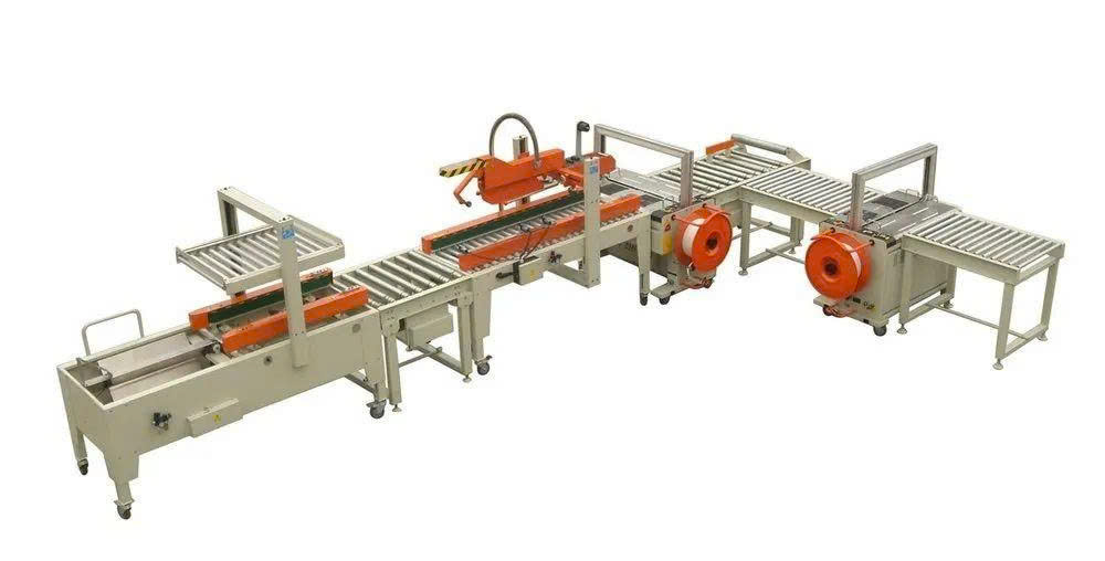 Dây chuyền đóng gói thùng carton tự động gập nắp, dán kín và đai niềng XFK-3